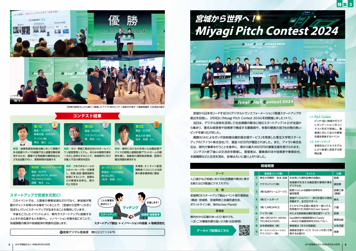 Miyagi Pitch Contest 2024 was published in the May/June issue of Reiwa 6 and Miyagi Prefectural Government News and our company was also introduced